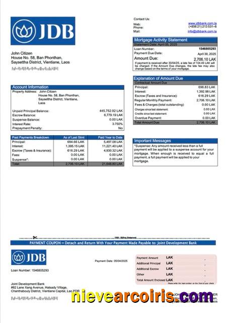 Laos Joint Development Bank mortgage statement Word and PDF template